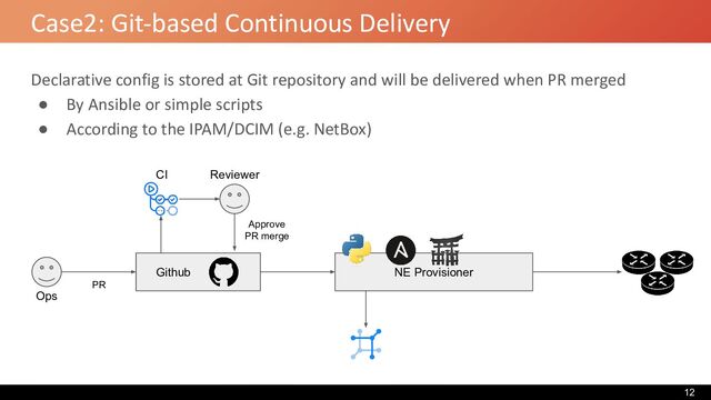 Declarative config is stored at Git repository and will be delivered when PR merged
● By Ansible or simple scripts
● According to the IPAM/DCIM (e.g. NetBox)
Case2: Git-based Continuous Delivery
Github NE Provisioner
Ops
Reviewer
Approve
PR merge
CI
PR
12
