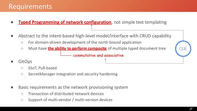 Requirements
● Typed Programming of network configuration, not simple text templating
● Abstract to the intent-based high-level model/interface with CRUD capability
○ For domain-driven development of the north-bound application
○ Must have the ability to perform composite of multiple typed document tree
● GitOps
○ SSoT, Pull-based
○ SecretManager integration and security hardening
● Basic requirements as the network provisioning system
○ Transaction of distributed network devices
○ Support of multi-vendor / multi-version devices
commutative and associative
27
