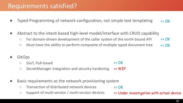 Requirements satisfied?
● Typed Programming of network configuration, not simple text templating
● Abstract to the intent-based high-level model/interface with CRUD capability
○ For domain-driven development of the caller system of the north-bound API
○ Must have the ability to perform composite of multiple typed document tree
● GitOps
○ SSoT, Pull-based
○ SecretManager integration and security hardening
● Basic requirements as the network provisioning system
○ Transaction of distributed network devices
○ Support of multi-vendor / multi-version devices
=> OK
=> OK
=> OK
=> OK
=> WIP
=> OK
=> Under investigation with actual device
39
