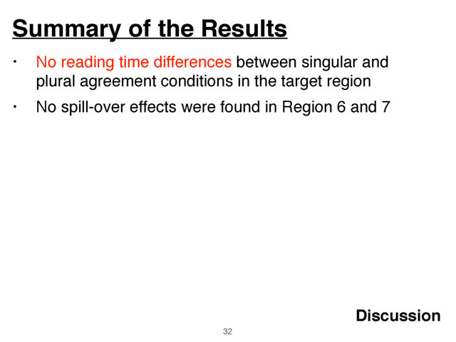 • No reading time differences between singular and
plural agreement conditions in the target region
• No spill-over effects were found in Region 6 and 7
Summary of the Results
32
Discussion
