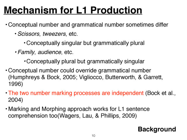 Mechanism for L1 Production
10
Background
• Conceptual number and grammatical number sometimes differ
• Scissors, tweezers, etc.
• Conceptually singular but grammatically plural
• Family, audience, etc.
• Conceptually plural but grammatically singular
• Conceptual number could override grammatical number
(Humphreys & Bock, 2005; Vigliocco, Butterworth, & Garrett,
1996)
• The two number marking processes are independent (Bock et al.,
2004)
• Marking and Morphing approach works for L1 sentence
comprehension too(Wagers, Lau, & Phillips, 2009)
