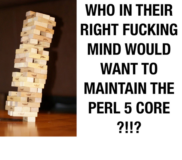 WHO IN THEIR
RIGHT FUCKING
MIND WOULD
WANT TO
MAINTAIN THE
PERL 5 CORE
?!!?
