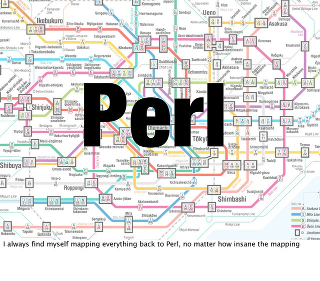 Perl
I always ﬁnd myself mapping everything back to Perl, no matter how insane the mapping
