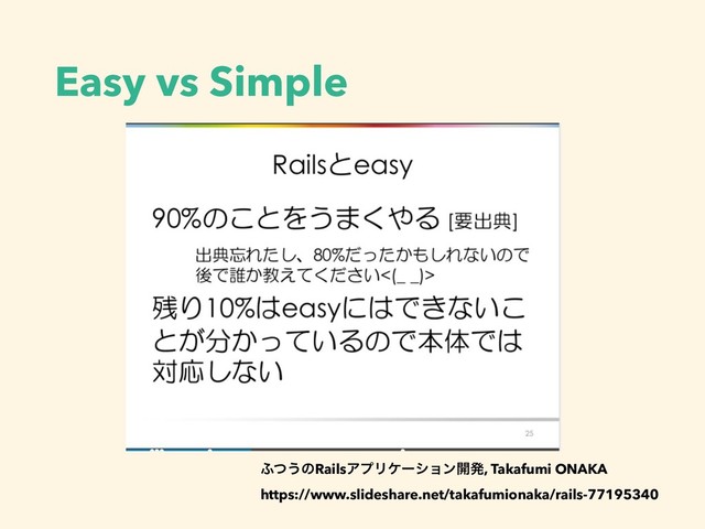 Easy vs Simple
;ͭ͏ͷRailsΞϓϦέʔγϣϯ։ൃ, Takafumi ONAKA
https://www.slideshare.net/takafumionaka/rails-77195340
