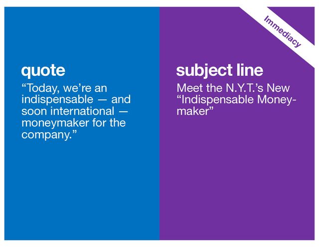 subject line
quote
“Today, we’re an
indispensable — and
soon international —
moneymaker for the
company.”
Meet the N.Y.T.’s New
“Indispensable Money-
maker”
Im
m
ediacy
