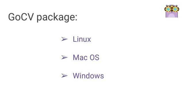 GoCV package:
➢ Linux
➢ Mac OS
➢ Windows
