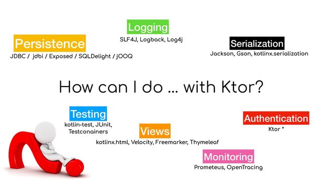 How can I do … with Ktor?
Logging
Authentication
Testing
Serialization
Monitoring
JDBC / jdbi / Exposed / SQLDelight / jOOQ
SLF4J, Logback, Log4j
Jackson, Gson, kotlinx.serialization
Views
kotlinx.html, Velocity, Freemarker, Thymeleaf
kotlin-test, JUnit,


Testconainers
Prometeus, OpenTracing
Ktor *
Persistence
