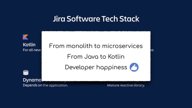 From monolith to microservices


From Java to Kotlin


Developer happiness


