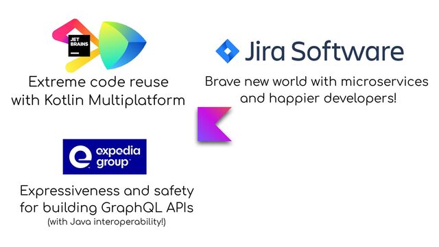 Extreme code reuse


with Kotlin Multiplatform
Brave new world with microservices


and happier developers!
Expressiveness and safety


for building GraphQL APIs


(with Java interoperability!)

