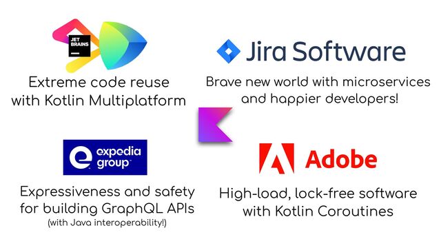 Extreme code reuse


with Kotlin Multiplatform
Brave new world with microservices


and happier developers!
Expressiveness and safety


for building GraphQL APIs


(with Java interoperability!)
High-load, lock-free software


with Kotlin Coroutines
