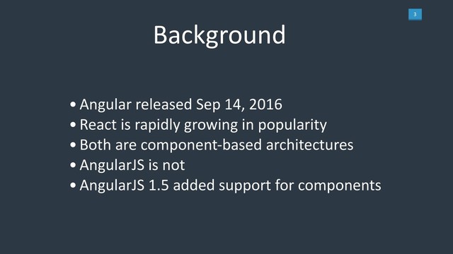 3
•Angular released Sep 14, 2016
•React is rapidly growing in popularity
•Both are component-based architectures
•AngularJS is not
•AngularJS 1.5 added support for components
Background
