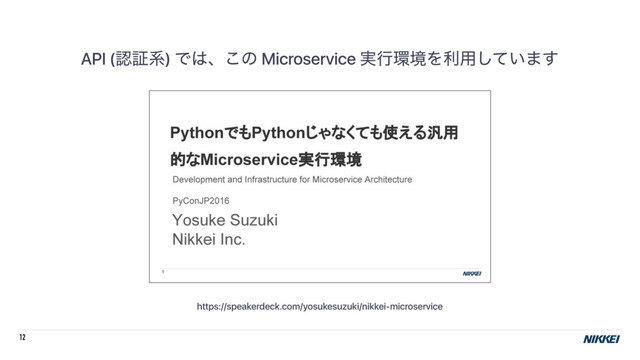 12
API (ೝূܥ) Ͱ͸ɺ͜ͷ Microservice ࣮ߦ؀ڥΛར༻͍ͯ͠·͢
https://speakerdeck.com/yosukesuzuki/nikkei-microservice

