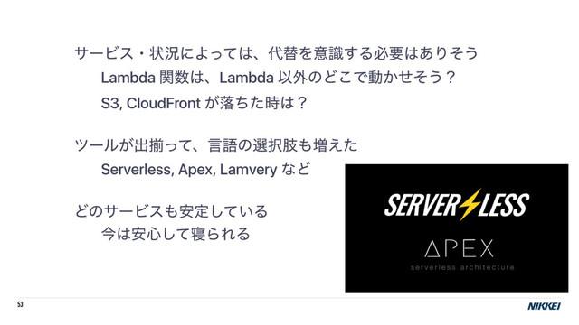 53
αʔϏεɾঢ়گʹΑͬͯ͸ɺ୅ସΛҙࣝ͢Δඞཁ͸͋Γͦ͏
Lambda ؔ਺͸ɺLambda Ҏ֎ͷͲ͜Ͱಈ͔ͤͦ͏ʁ
S3, CloudFront ͕མͪͨ࣌͸ʁ
πʔϧ͕ग़ἧͬͯɺݴޠͷબ୒ࢶ΋૿͑ͨ
Serverless, Apex, Lamvery ͳͲ
ͲͷαʔϏε΋҆ఆ͍ͯ͠Δ
ࠓ͸҆৺ͯ͠৸ΒΕΔ
