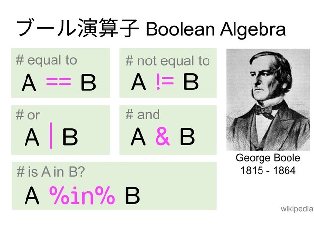 ブール演算⼦ Boolean Algebra
A == B A != B
George Boole
1815 - 1864
A | B A & B
A %in% B
# equal to # not equal to
# or # and
# is A in B?
wikipedia
