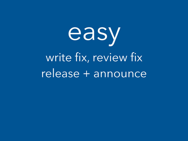 write ﬁx, review ﬁx
release + announce
easy
