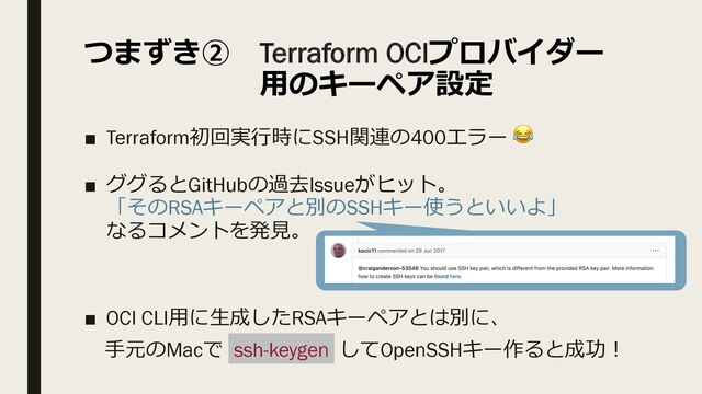つまずき② Terraform OCIプロバイダー
⽤のキーペア設定
■ Terraform初回実⾏時にSSH関連の400エラー 😂
■ ググるとGitHubの過去Issueがヒット。
「そのRSAキーペアと別のSSHキー使うといいよ」
なるコメントを発⾒。
■ OCI CLI⽤に⽣成したRSAキーペアとは別に、
⼿元のMacで ssh-keygen してOpenSSHキー作ると成功︕
