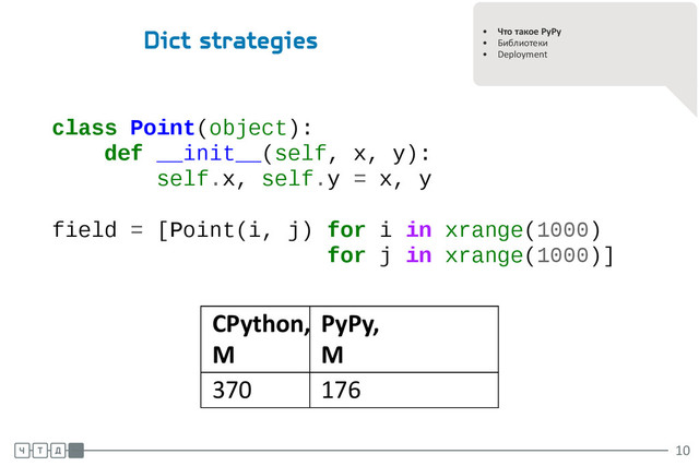 .
.
• Что такое PyPy
• Библиотеки
• Deployment
Dict strategies
class Point(object):
def __init__(self, x, y):
self.x, self.y = x, y
field = [Point(i, j) for i in xrange(1000)
for j in xrange(1000)]
CPython,
M
PyPy,
M
370 176
.
.
.
10
