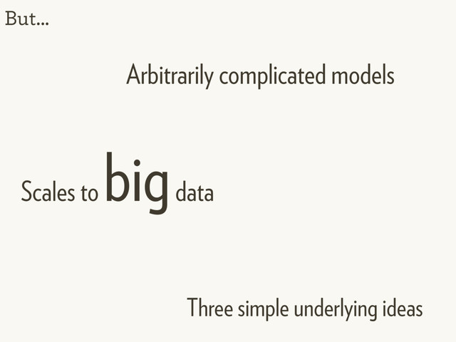 But...
Arbitrarily complicated models
Three simple underlying ideas
Scales to
big data
