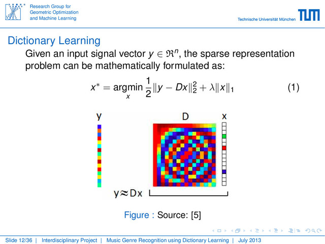 Research Group for
Geometric Optimization
and Machine Learning
Dictionary Learning
Given an input signal vector y ∈ Rn, the sparse representation
problem can be mathematically formulated as:
x∗ = argmin
x
1
2 y − Dx 2
2 + λ x 1
(1)
Figure : Source: [5]
Slide 12/36 | Interdisciplinary Project | Music Genre Recognition using Dictionary Learning | July 2013
