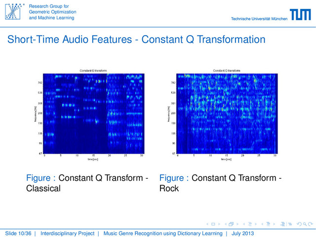 Research Group for
Geometric Optimization
and Machine Learning
Short-Time Audio Features - Constant Q Transformation
Figure : Constant Q Transform -
Classical
Figure : Constant Q Transform -
Rock
Slide 10/36 | Interdisciplinary Project | Music Genre Recognition using Dictionary Learning | July 2013
