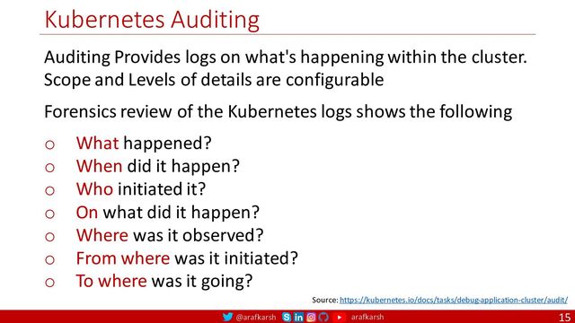 @arafkarsh arafkarsh
Kubernetes Auditing
15
Auditing Provides logs on what's happening within the cluster.
Scope and Levels of details are configurable
Forensics review of the Kubernetes logs shows the following
o What happened?
o When did it happen?
o Who initiated it?
o On what did it happen?
o Where was it observed?
o From where was it initiated?
o To where was it going?
Source: https://kubernetes.io/docs/tasks/debug-application-cluster/audit/
