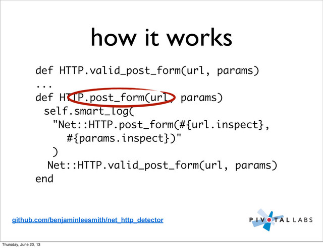 how it works
def HTTP.valid_post_form(url, params)
...
def HTTP.post_form(url, params)
self.smart_log(
"Net::HTTP.post_form(#{url.inspect},
#{params.inspect})"
)
Net::HTTP.valid_post_form(url, params)
end
github.com/benjaminleesmith/net_http_detector
Thursday, June 20, 13

