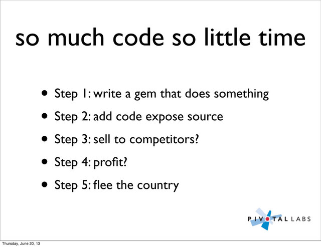 so much code so little time
• Step 1: write a gem that does something
• Step 2: add code expose source
• Step 3: sell to competitors?
• Step 4: proﬁt?
• Step 5: ﬂee the country
Thursday, June 20, 13

