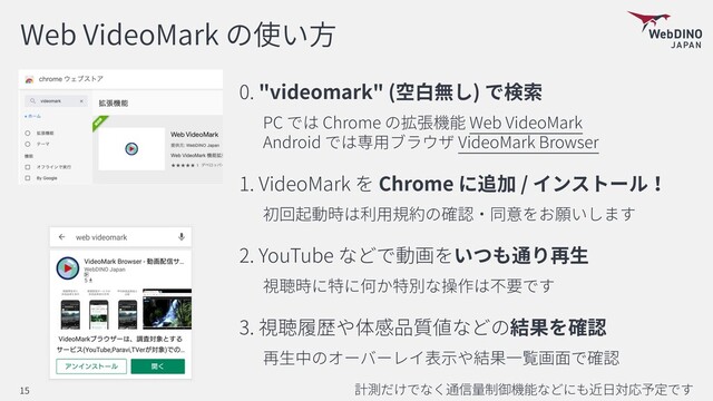 Web VideoMark
0. "videomark" ( )
PC Chrome Web VideoMark 
Android VideoMark Browser
1. VideoMark Chrome /
2. YouTube
3.
15
