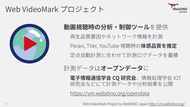 Web VideoMark
Paravi, TVer, YouTube
CQ IOT
https://vm.webdino.org/opendata
Web VideoMark Project by WebDINO Japan http://vm.webdino.org/
7
