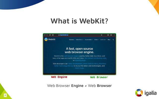 What is WebKit?
Web Browser Engine ≠ Web Browser
8
