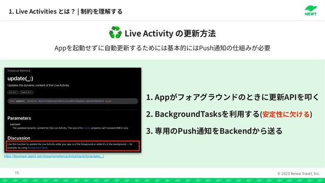 © 2023 Reiwa Travel, Inc.
1
. Live Activities |
15
https://developer.apple.com/documentation/activitykit/activity/update(_:)
Live Activity
♻
1
. App API


2
. BackgroundTasks ( )


3. Push Backend
App Push
