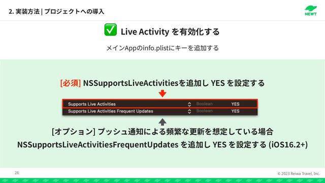 © 2023 Reiwa Travel, Inc.
2. |
26
Live Activity
✅
[ ] NSSupportsLiveActivities YES
[ ]


NSSupportsLiveActivitiesFrequentUpdates YES (iOS
16
.
2
+)
App info.plist
