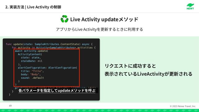 © 2023 Reiwa Travel, Inc.
2. | Live Activity
49
Live Activity update
♻
Live Activity


LiveActivity
update
