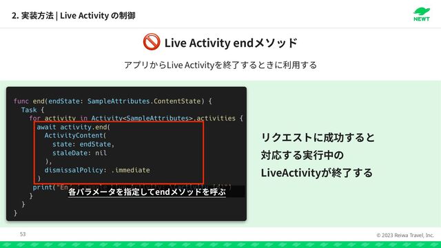 © 2023 Reiwa Travel, Inc.
2. | Live Activity
53
Live Activity end
🚫
Live Activity
end




LiveActivity
