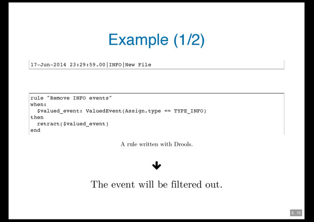 5 . 15
Example (1/2)
17-Jun-2014 23:29:59.00|INFO|New File
rule "Remove INFO events"
when:
$valued_event: ValuedEvent(Assign.type == TYPE_INFO)
then
retract($valued_event)
end
A rule written with Drools.
y
The event will be filtered out.
