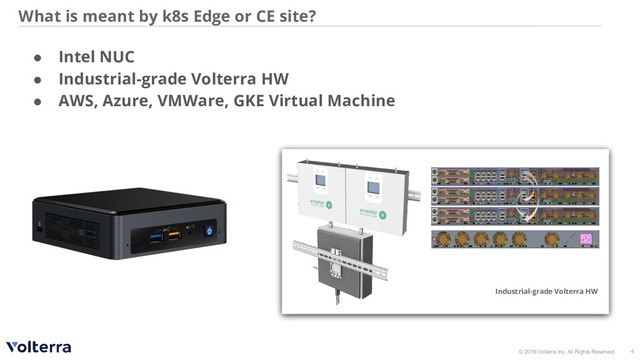 © 2019 Volterra Inc. All Rights Reserved.
What is meant by k8s Edge or CE site?
4
Industrial-grade Volterra HW
● Intel NUC
● Industrial-grade Volterra HW
● AWS, Azure, VMWare, GKE Virtual Machine
