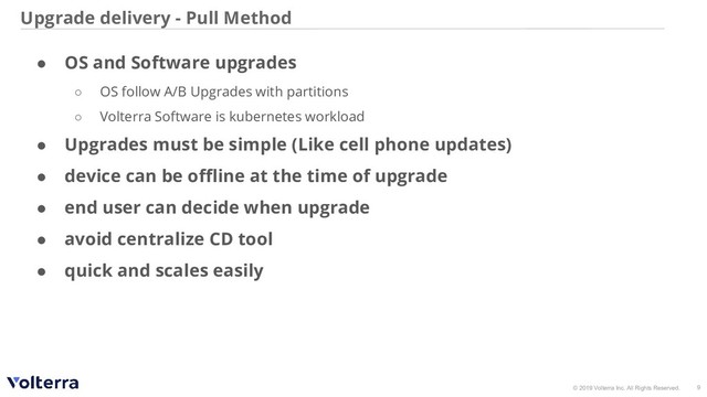 © 2019 Volterra Inc. All Rights Reserved.
Upgrade delivery - Pull Method
9
● OS and Software upgrades
○ OS follow A/B Upgrades with partitions
○ Volterra Software is kubernetes workload
● Upgrades must be simple (Like cell phone updates)
● device can be oﬄine at the time of upgrade
● end user can decide when upgrade
● avoid centralize CD tool
● quick and scales easily
