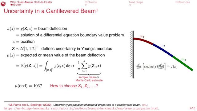 Why Quasi-Monte Carlo Is Faster Problems Next Steps References
Uncertainty in a Cantilevered Beam1
u(x) = g(Z, x) = beam deflection
= solution of a differential equation boundary value problem
x = position
Z ∼ U[1, 1.2]3
defines uncertainty in Young’s modulus = the randomness in the problem
µ(x) = expected or mean value of the beam deflection
= E[g(Z, x)] =
[0,1]3
g(z, x) dz ≈
1
n
n
i=1
g(Zi
, x)
sample mean or
Monte Carlo estimate
µ(end) = 1037 How to choose Z1
, Z2
, . . .?
1M. Parno and L. Seelinger (2022). Uncertainty propagation of material properties of a cantilevered beam. url:
https://um-bridge-benchmarks.readthedocs.io/en/docs/forward-benchmarks/muq-beam-propagation.html. 2/10
