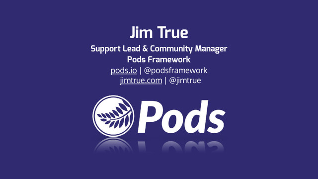 Jim True
Support Lead & Community Manager 
Pods Framework
pods.io | @podsframework
jimtrue.com | @jimtrue
