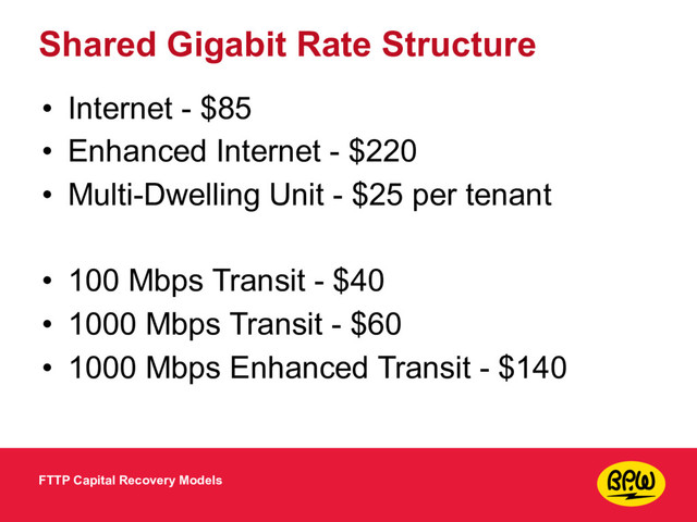 Shared Gigabit Rate Structure
• Internet - $85
• Enhanced Internet - $220
• Multi-Dwelling Unit - $25 per tenant
• 100 Mbps Transit - $40
• 1000 Mbps Transit - $60
• 1000 Mbps Enhanced Transit - $140
FTTP Capital Recovery Models
