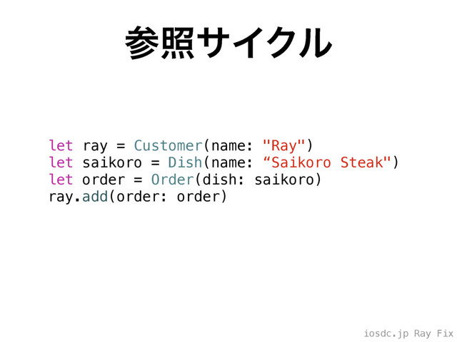 iosdc.jp Ray Fix
ࢀরαΠΫϧ
let ray = Customer(name: "Ray")
let saikoro = Dish(name: “Saikoro Steak")
let order = Order(dish: saikoro)
ray.add(order: order)
