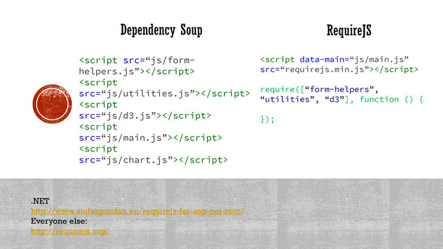 Dependency Soup RequireJS
.NET
http://www.stefanprodan.eu/requirejs-for-asp-net-mvc/
Everyone else:
http://requirejs.org/






require([“form-helpers”,
“utilities”, “d3”], function () {
});
