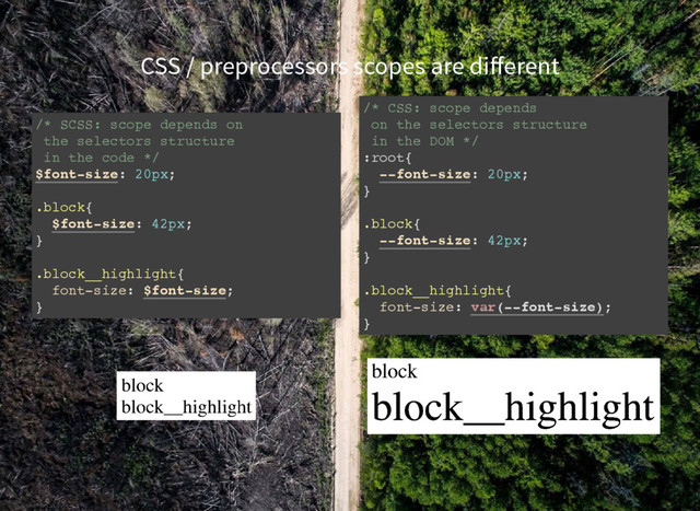 CSS / preprocessors scopes are diﬀerent
/* SCSS: scope depends on
the selectors structure
in the code */
$font-size: 20px;
.block{
$font-size: 42px;
}
.block__highlight{
font-size: $font-size;
}
/* CSS: scope depends
on the selectors structure
in the DOM */
:root{
--font-size: 20px;
}
.block{
--font-size: 42px;
}
.block__highlight{
font-size: var(--font-size);
}

