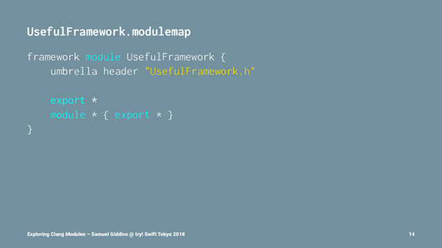 UsefulFramework.modulemap
framework module UsefulFramework {
umbrella header "UsefulFramework.h"
export *
module * { export * }
}
Exploring Clang Modules – Samuel Giddins @ try! Swift Tokyo 2018 14
