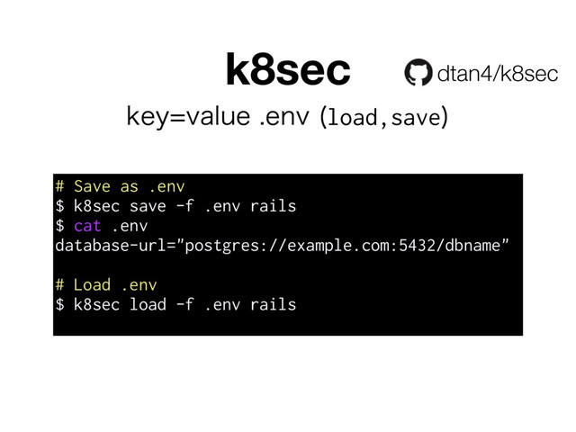 k8sec
# Save as .env
$ k8sec save -f .env rails
$ cat .env
database-url="postgres://example.com:5432/dbname"
# Load .env
$ k8sec load -f .env rails
LFZWBMVFFOW load,save

dtan4/k8sec
