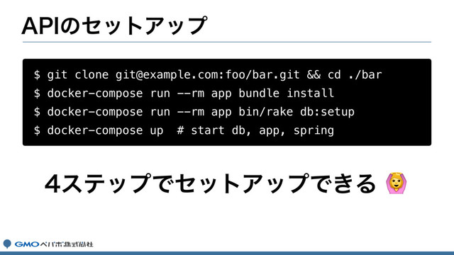 "1*ͷηοτΞοϓ
$ git clone git@example.com:foo/bar.git && cd ./bar
$ docker-compose run --rm app bundle install
$ docker-compose run --rm app bin/rake db:setup
$ docker-compose up # start db, app, spring
εςοϓͰηοτΞοϓͰ͖Δ
