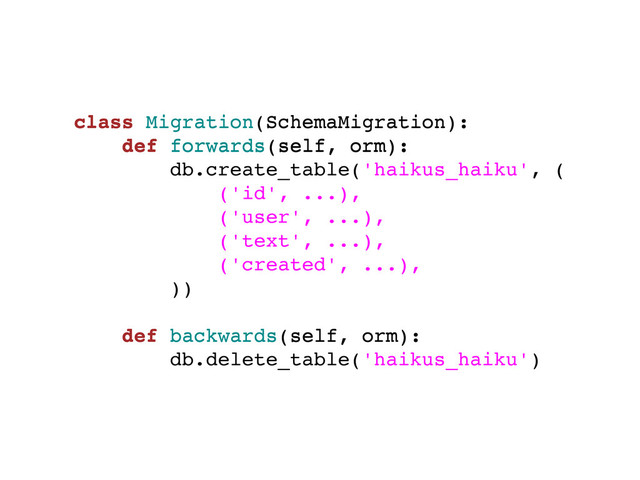 class Migration(SchemaMigration):
def forwards(self, orm):
db.create_table('haikus_haiku', (
('id', ...),
('user', ...),
('text', ...),
('created', ...),
))
def backwards(self, orm):
db.delete_table('haikus_haiku')
class Migration(SchemaMigration):
def forwards(self, orm):
def backwards(self, orm):

