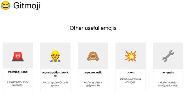 😂 Gitmoji
Other useful emojis
🚨
:rotating_light:
FIx compiler / linter
warnings.
👷
:construction_work
er:
Add or update CI build
system.
🙈
:see_no_evil:
Add or update a
.gitignore ﬁle.
💥
:boom:
Introduce breaking
changes.
🔧
:wrench:
Add or update
conﬁguration ﬁles.
