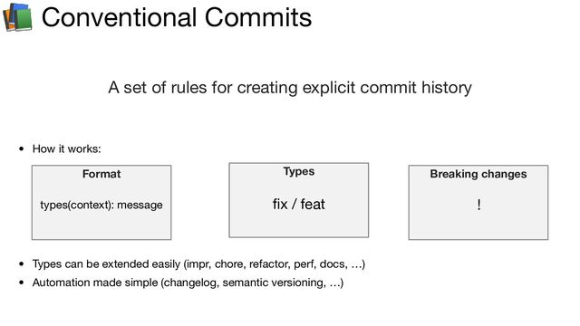 📚 Conventional Commits
A set of rules for creating explicit commit history
• How it works:
Format
types(context): message
Breaking changes
!
• Types can be extended easily (impr, chore, refactor, perf, docs, …)
• Automation made simple (changelog, semantic versioning, …)
Types
ﬁx / feat
