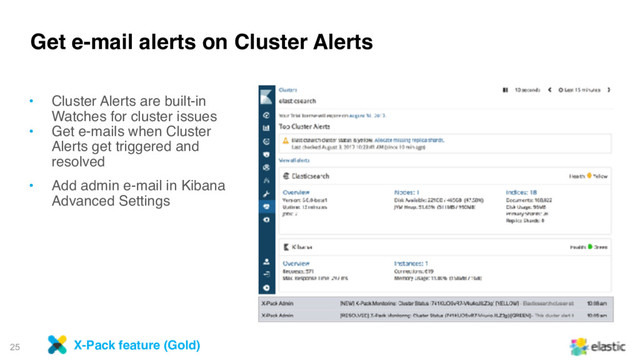 25
Get e-mail alerts on Cluster Alerts
• Cluster Alerts are built-in
Watches for cluster issues
• Get e-mails when Cluster
Alerts get triggered and
resolved
• Add admin e-mail in Kibana
Advanced Settings 
X-Pack feature (Gold)
